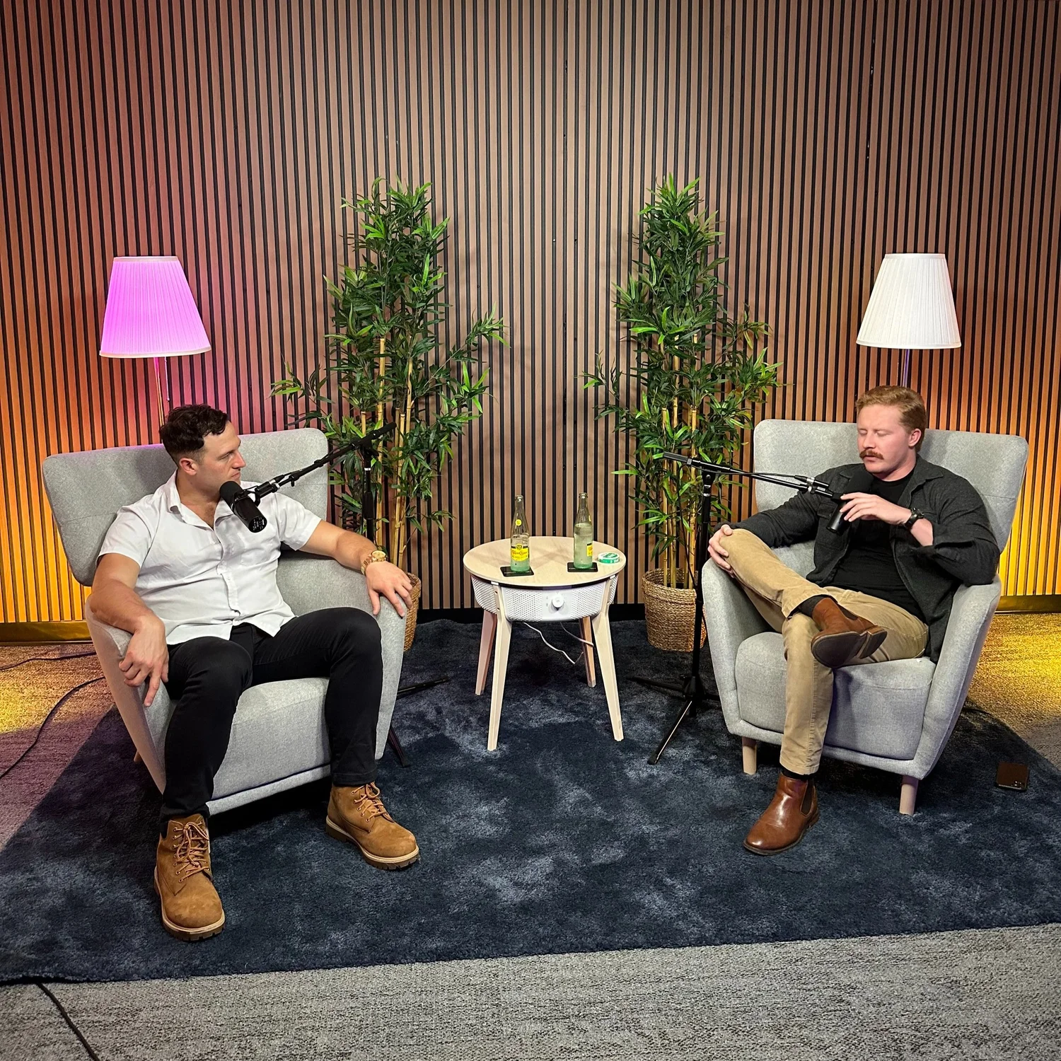 Two men having a podcast conversation in armchairs